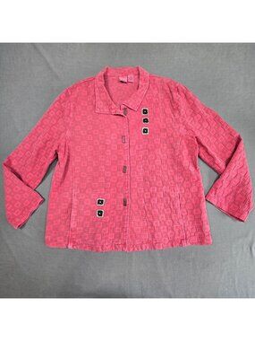 Focus Womens Large Pink Textured Cotton Button-Up Jacket Art to Wear
